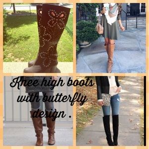 Brown knee boots leather with butterfly cutouts